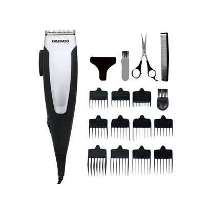 Kit cortadora de cabello eléctrica Daewoo negro y plata con 12 peines guía, tijeras, peine y accesorios de limpieza