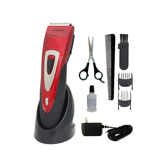 Cortadora de cabello Daewoo roja inalámbrica con base, tijeras, peines y kit completo de peluquería