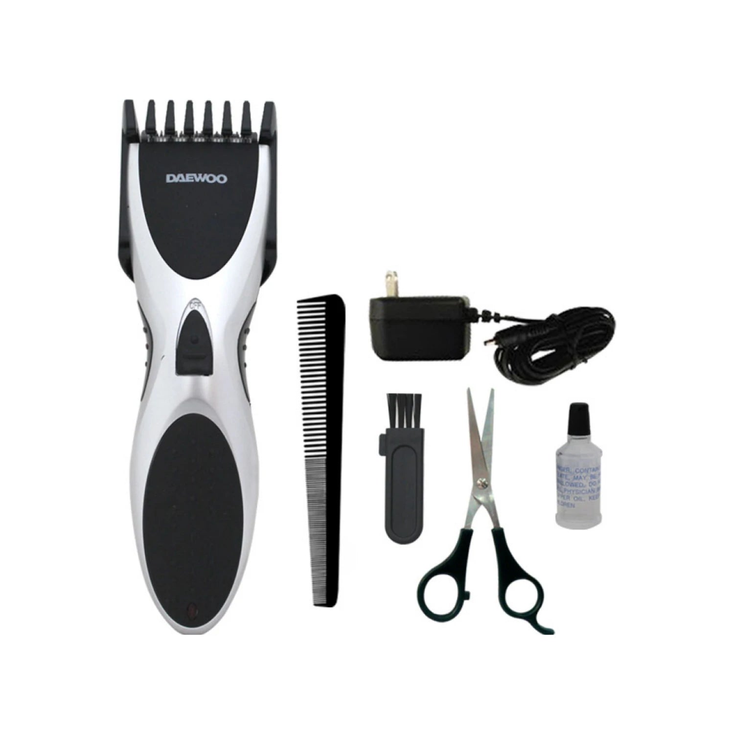 Cortadora de cabello DAEWOO plateada y negra con peine ajustable, cargador, tijeras, peine y kit de limpieza.