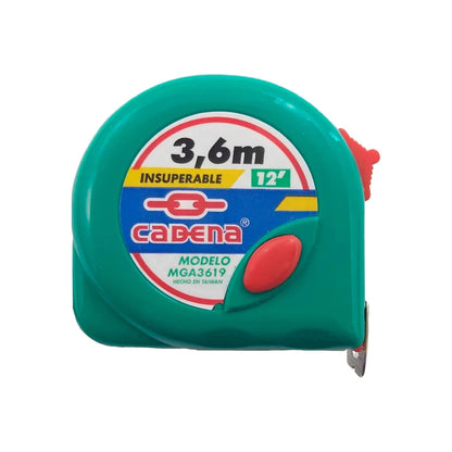 Flexómetro Cadena verde 3.6m (12 pies) modelo MGA3619 para medición, con botón de bloqueo rojo.