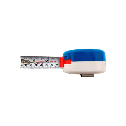 Flexómetro Tipo 1A compacto azul y blanco, cinta de acero con escalas en cm y pulgadas, herramienta de medición.