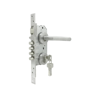 Cerradura multipunto Dexter de alta seguridad para puerta de aluminio, acabado acero inoxidable, manija y llaves.