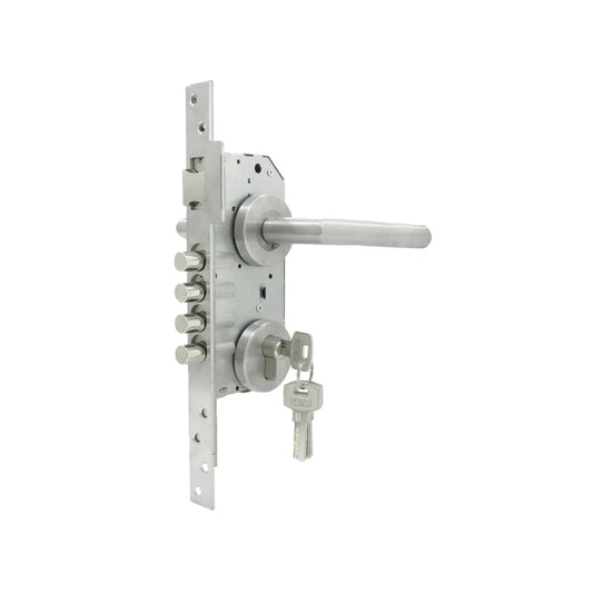 Cerradura multipunto Dexter de alta seguridad para puerta de aluminio, acabado acero inoxidable, manija y llaves.