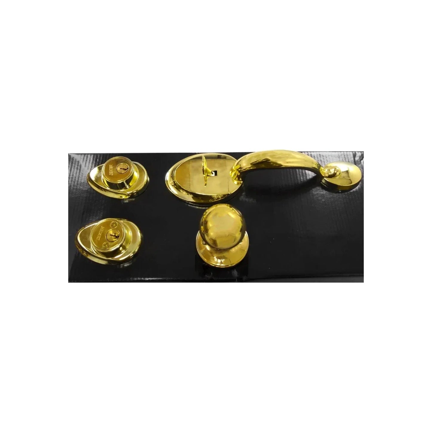 Set de herrajes dorados Dexter para puerta principal: cerraduras con chapa, perillas y manija