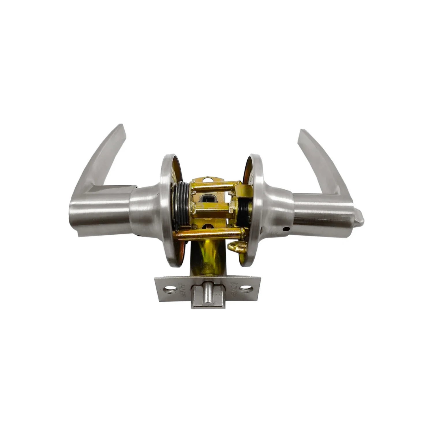 Cerradura de manija tipo palanca Dexter, acabado cromo satinado, mecanismo interno visible para recámara