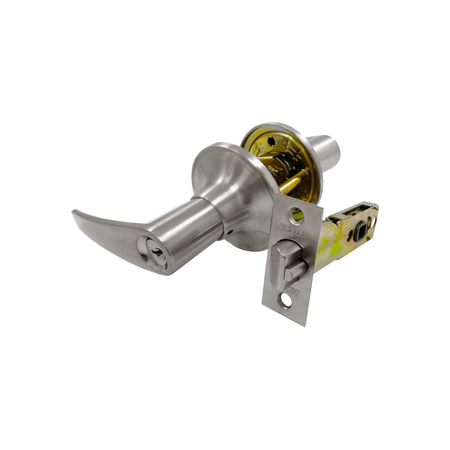 Cerradura de manija tipo palanca Dexter para puerta, níquel satinado con cilindro de llave