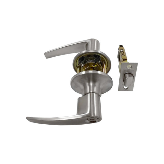 Cerradura Dexter manija de palanca cromo satinado para puerta, con cilindro y mecanismo de picaporte.