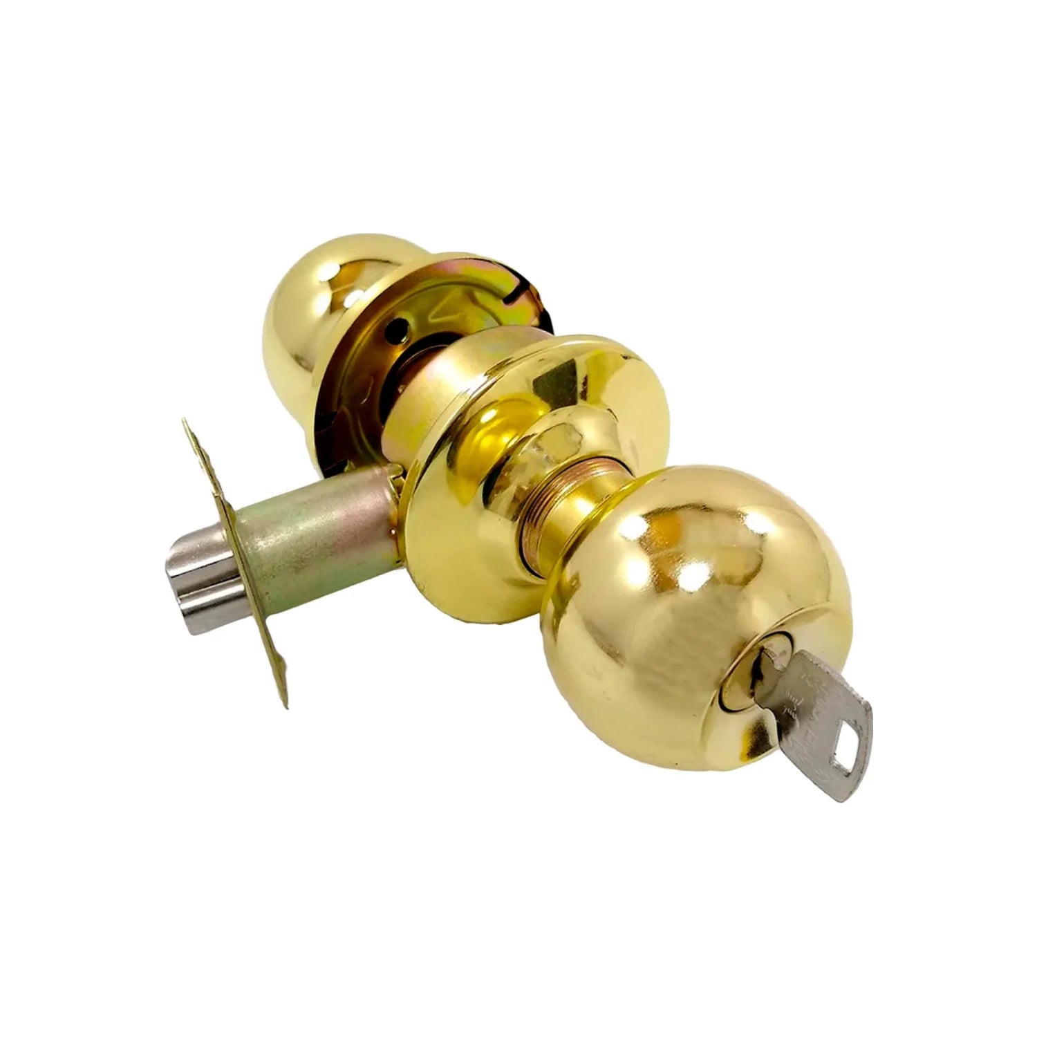 Cerradura de perilla dorada para puerta, con llave y piezas de instalación visibles