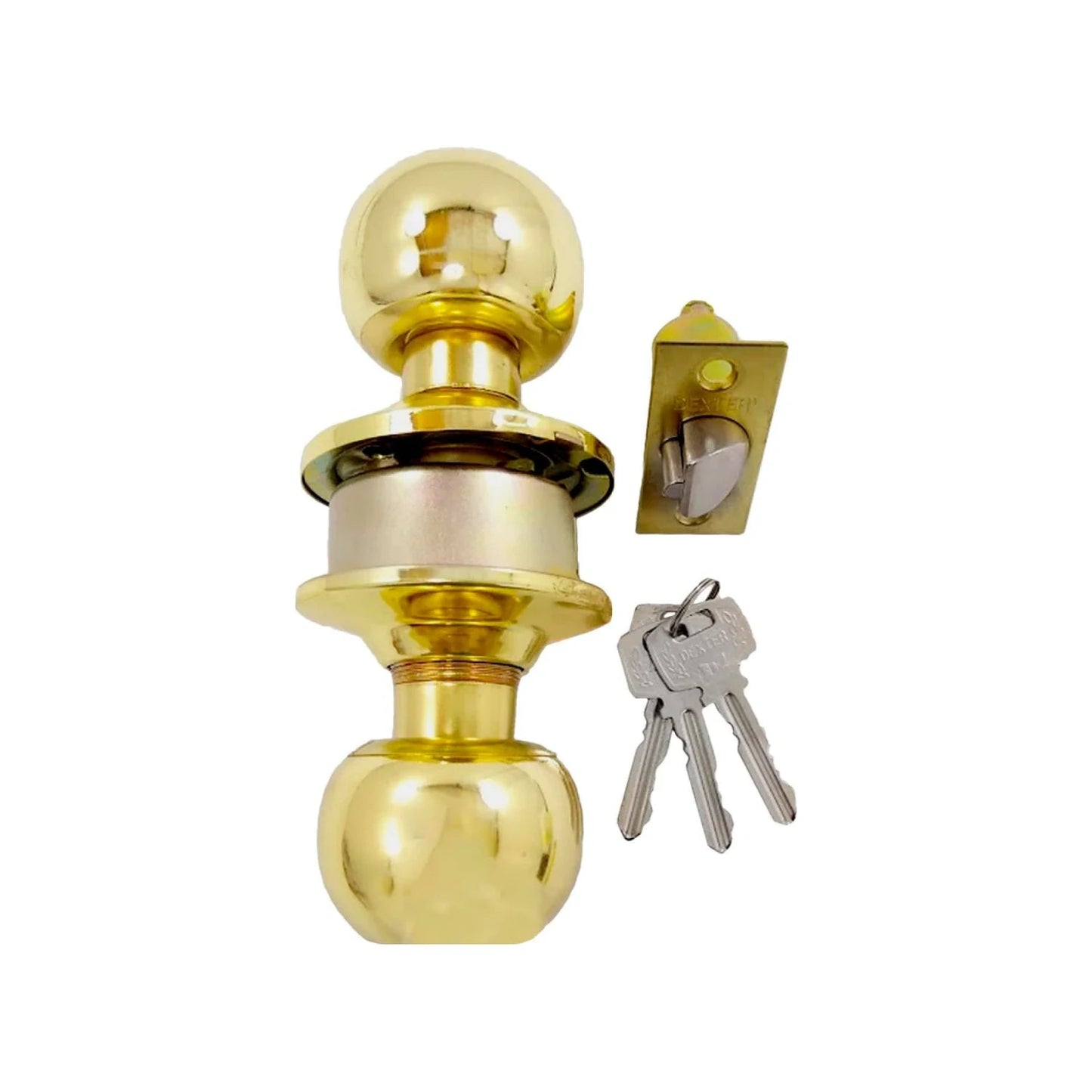 Cerradura de pomo Dexter dorada brillante con mecanismo de pestillo y 3 llaves para puertas de recámara