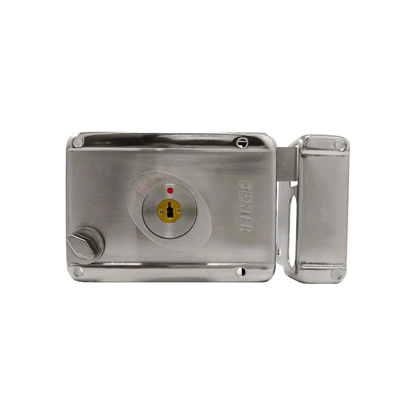 Cerradura Dexter de sobreponer niquelada, con ojo de llave dorado y perilla, para puerta.