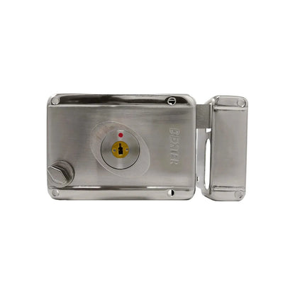 Cerradura Dexter de sobreponer niquelada, con ojo de llave dorado y perilla, para puerta.