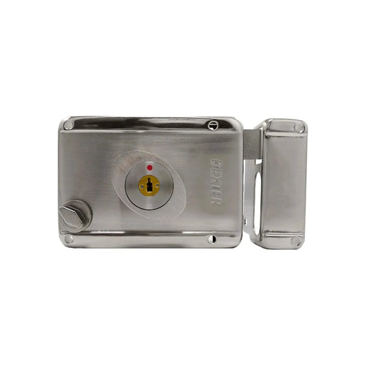 Cerradura Dexter de sobreponer niquelada, con ojo de llave dorado y perilla, para puerta.