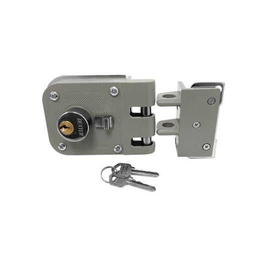 Chapa de sobreponer Dexter 6738 derecha, gris, con cilindro de seguridad y dos llaves.