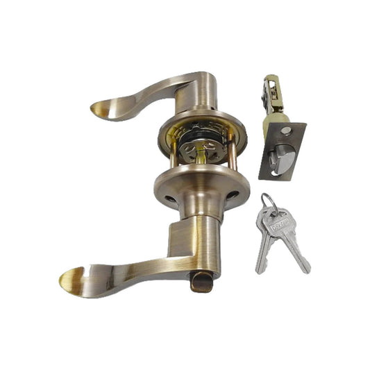 Cerradura de manija tipo palanca Dexter color cobre antiguo con mecanismo y llaves para recámara.