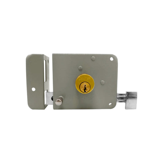Cerradura de sobreponer izquierda Dexter niquelada con cilindro de llave y cerrojo para puertas.