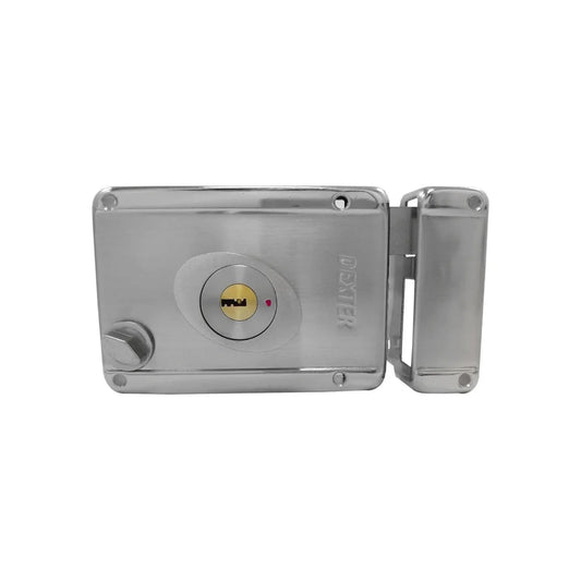 Cerradura de sobreponer Dexter niquelada con entrada de llave y perilla, para seguridad de puertas