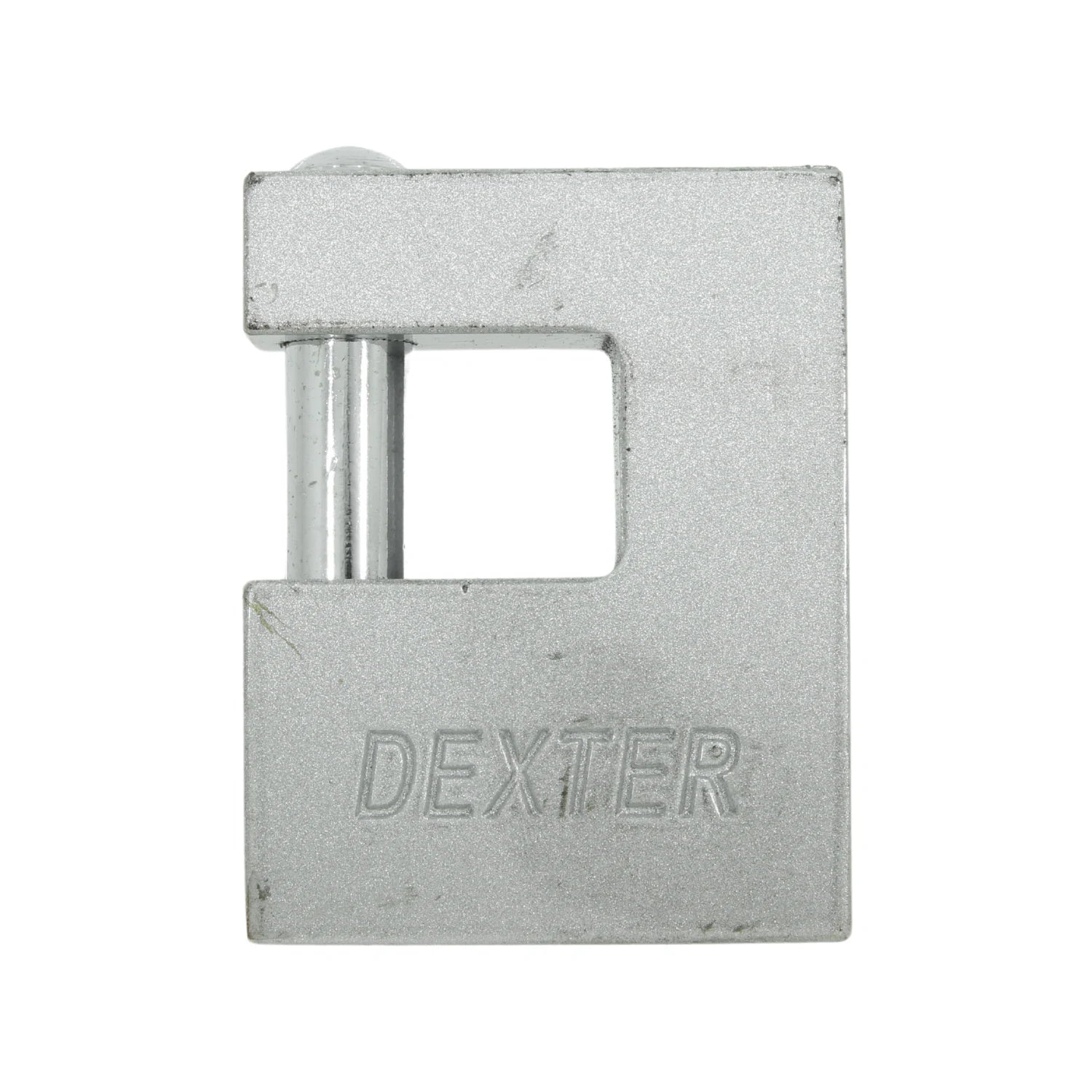 Candado monoblock Dexter plateado para cortinas y puertas, seguridad metálica robusta.