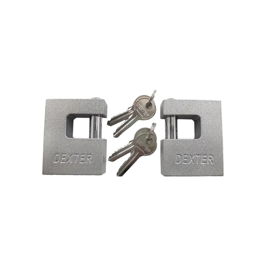 Dos candados de seguridad Dexter plateados con cuatro llaves, ideal para cortinas o portones
