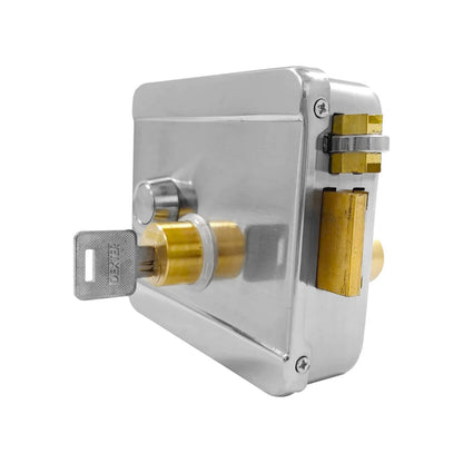Cerradura eléctrica de sobreponer Dexter cromada con llave, cilindro de latón para seguridad.
