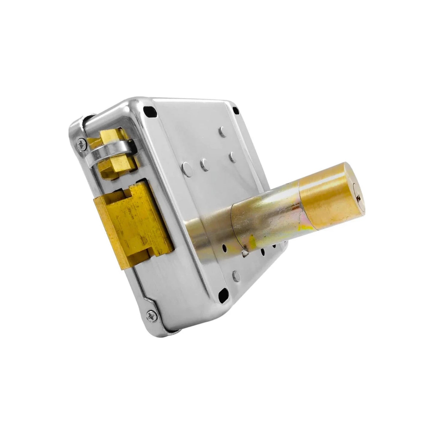 Cerradura eléctrica de sobreponer derecha cromada con cilindro y pestillo de seguridad de latón