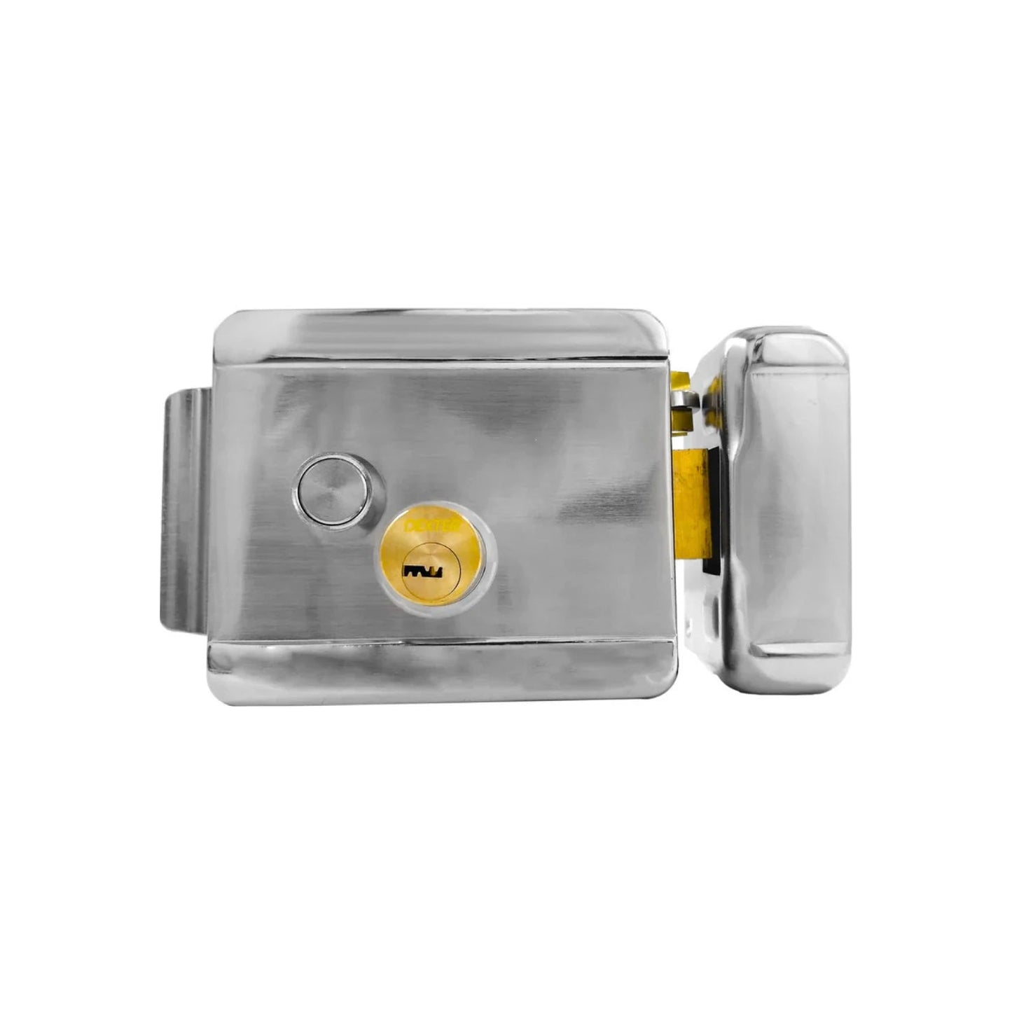 Cerradura eléctrica Dexter de sobreponer cromada, para puerta derecha, con llave y botón de seguridad.