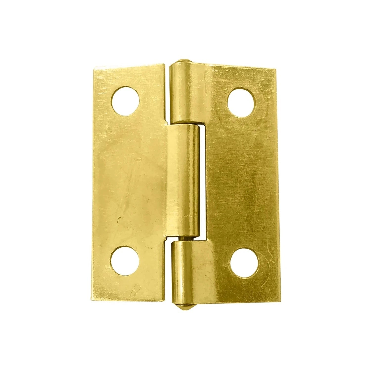 Bisagra de latón brillante con cuatro orificios para fijación, ideal para puertas pequeñas y muebles de madera.
