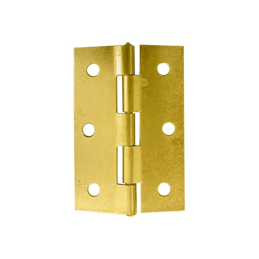 Bisagra de latón brillante con 6 orificios para tornillos, ideal para puertas y muebles de carpintería.