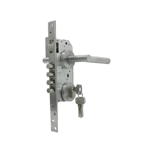 Cerradura de alta seguridad Dexter con manija y múltiples pasadores para puerta, acabado metálico plateado, incluye llaves.