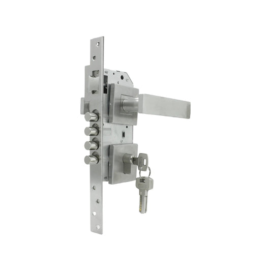 Cerradura de alta seguridad para puerta de aluminio, con manija, múltiples pasadores y llaves. Acabado metálico plata.
