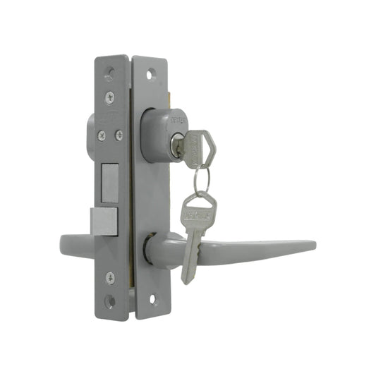 Cerradura Dexter gris para puerta de aluminio con manija de palanca, cilindro y juego de llaves plateadas.