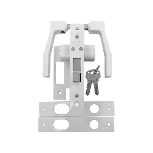 Cerradura Dexter blanca con manijas y llaves, ideal para puertas de aluminio o PVC.