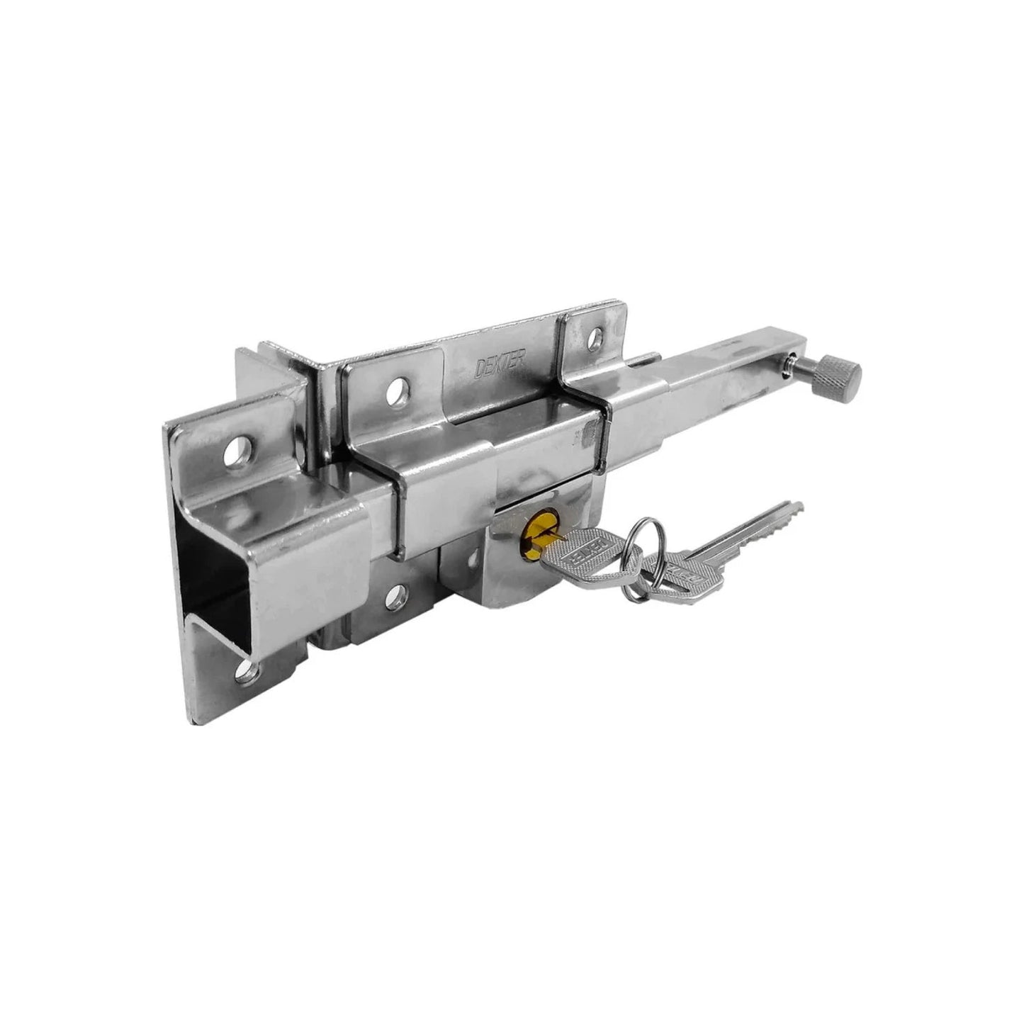 Cerradura de barra fija izquierda Dexter cromada con llave, para seguridad de puertas y portones.