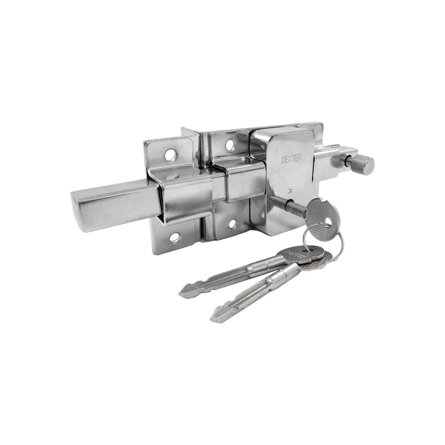 Chapa de barra fija DEXTER cromada con llaves, pasador deslizante para seguridad extra en puertas.