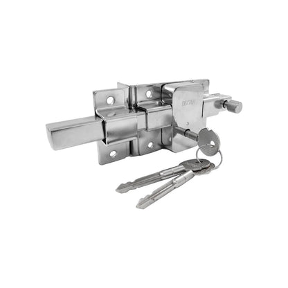 Chapa de barra fija DEXTER cromada con llaves, pasador deslizante para seguridad extra en puertas.