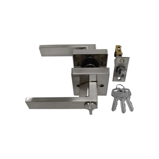 Juego de cerradura de manija rectangular cromo mate Dexter con pasador y tres llaves para puerta de recámara.