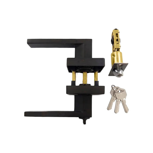 Juego de cerradura de manija negra cuadrada para puerta, incluye cilindro de latón y llaves.