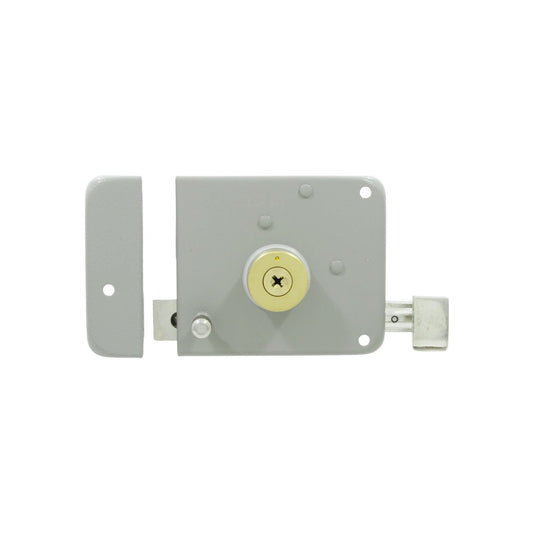 Cerradura de sobreponer para puerta, acabado gris claro con cilindro de latón de seguridad