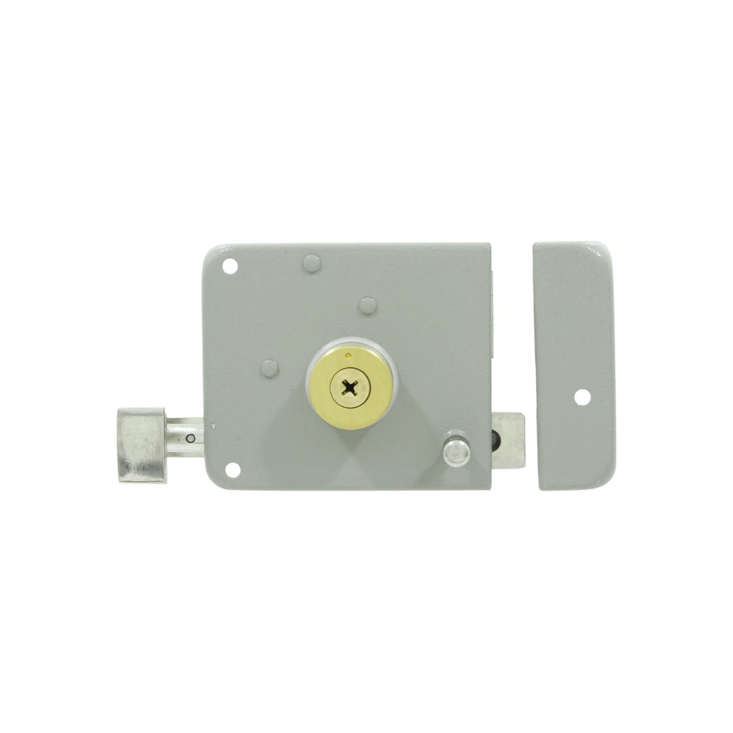 Cerradura de sobreponer derecha gris con perilla y cilindro de latón, ideal para puertas de seguridad