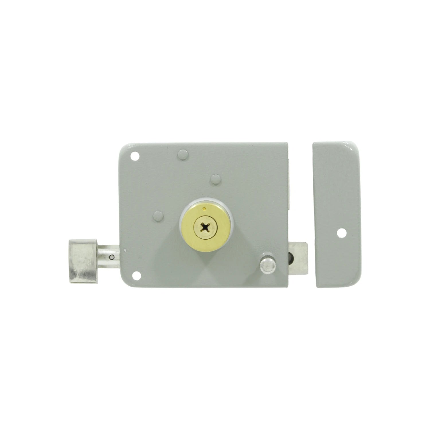 Cerradura de sobreponer derecha gris con perilla y cilindro de latón, ideal para puertas de seguridad