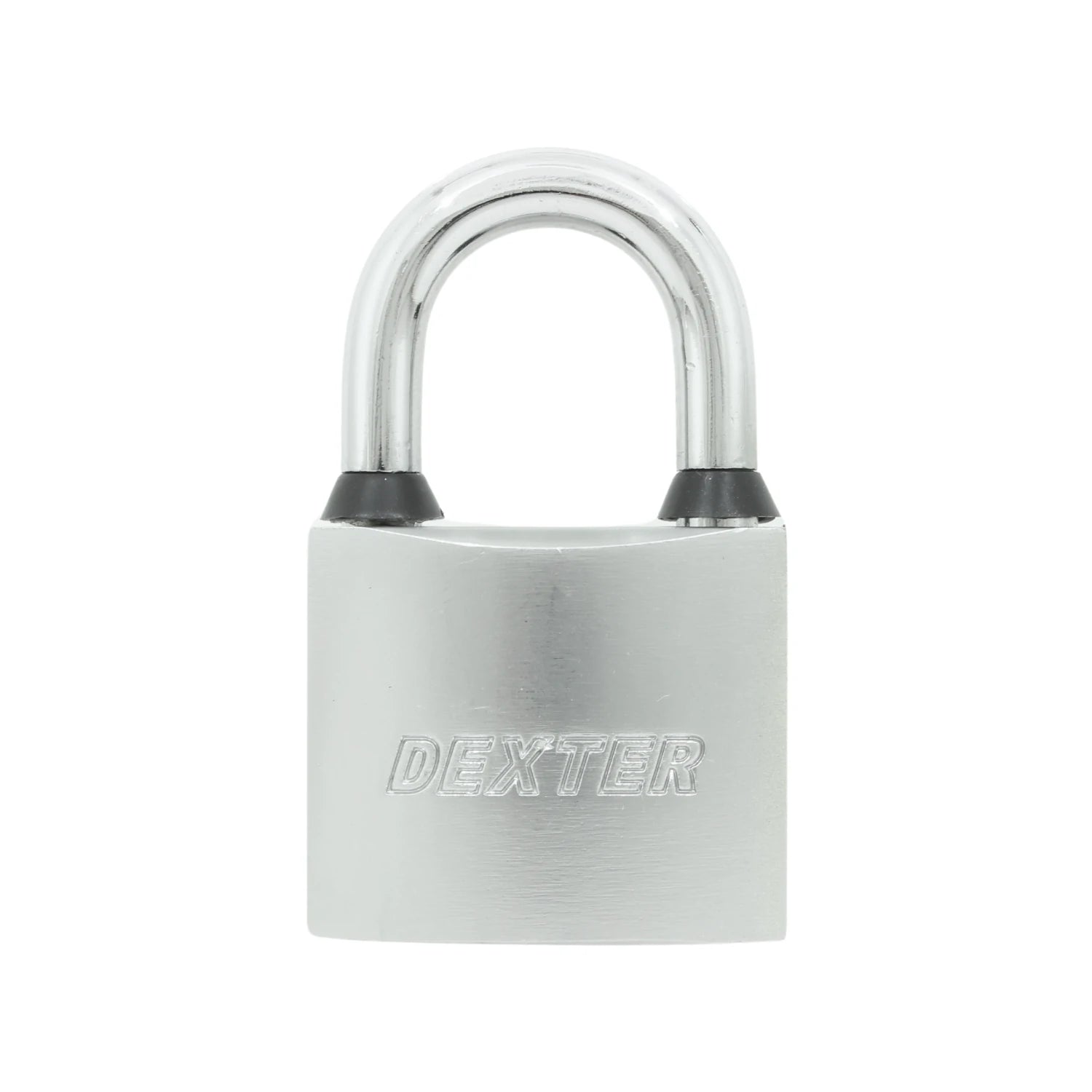 Candado de seguridad Dexter 50mm plateado con cuerpo metálico y gancho corto de acero, para asegurar puertas y rejas.