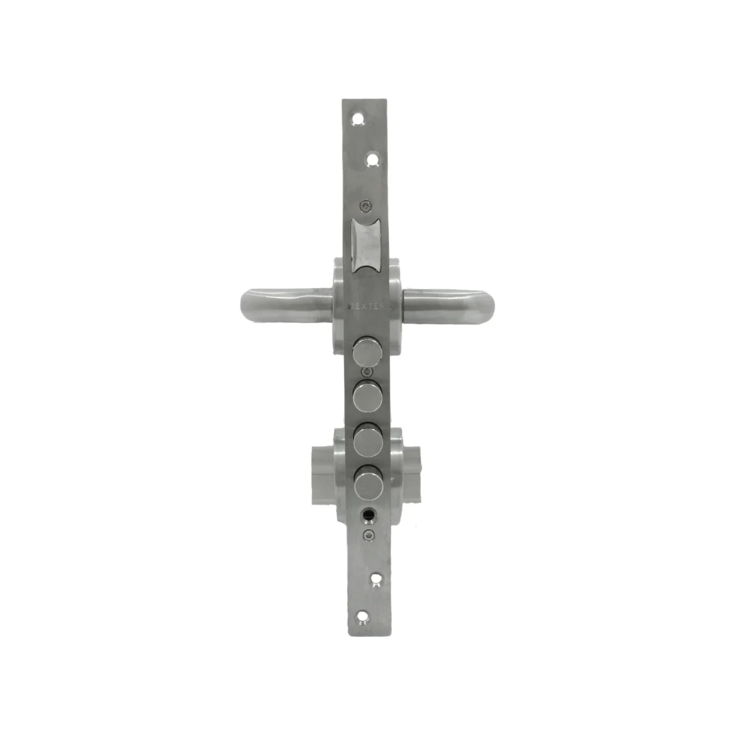 Cerradura de seguridad Dexter multipunto para puerta principal, manijas de acero inoxidable satinado.