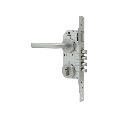 Cerradura de seguridad multipunto para puerta, con 4 pestillos, manija y cilindro metálico, acabado satinado.