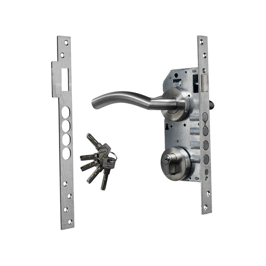 Cerradura de mortaja con manija curva, cilindro de seguridad y llaves, acabado cromo mate para puerta