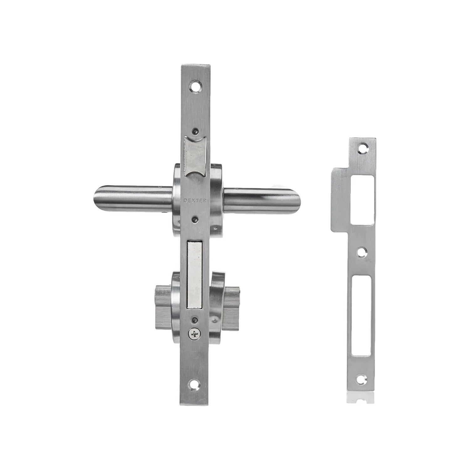 Cerradura de embutir Dexter para puerta de recámara, manija de palanca, acero inoxidable satinado con placa