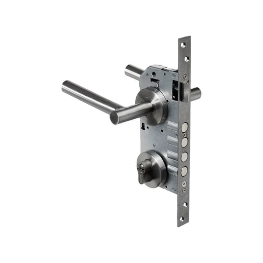 Mecanismo cerradura Dexter multipunto con manija y cilindro, chapa de seguridad para puerta de recámara cromo mate