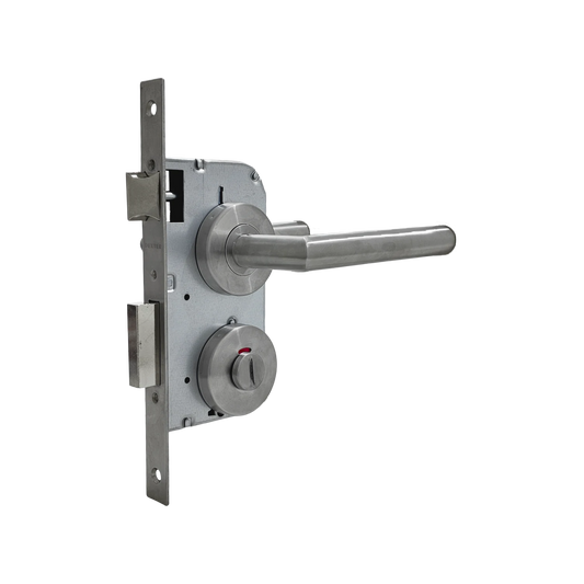 Cerradura de baño Dexter con manija tipo palanca, acabado acero inoxidable satinado y seguro de privacidad