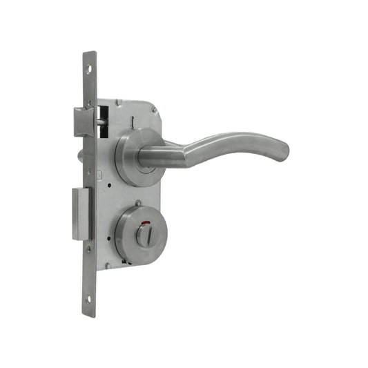 Cerradura de embutir Dexter para baño, manija de palanca en acero inoxidable, con seguro de privacidad.