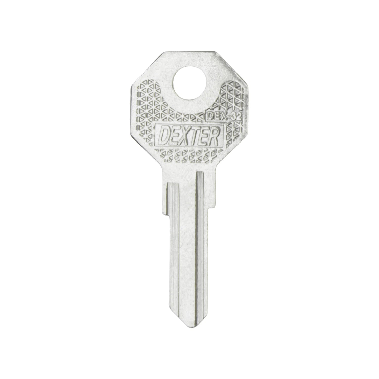 Forja de llave virgen Dexter DEX-32 niquelada, con diseño triangular en cabeza para duplicado.