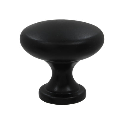 Pomo ovalado negro mate, jaladera tipo botón para puertas de gabinetes y cajones.