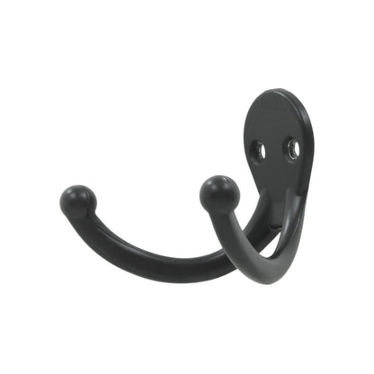 Gancho doble negro para pared, perchero resistente de ferretería para organizar abrigos, ropa o toallas.